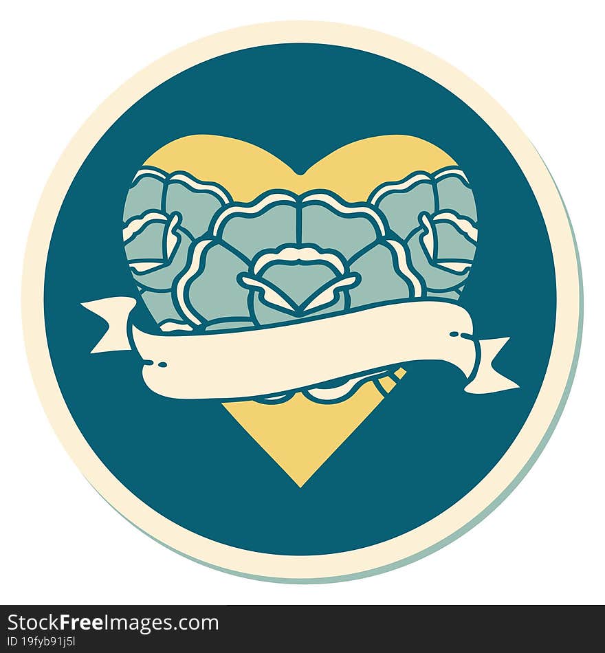 Tattoo Style Sticker Of A Heart And Banner With Flowers