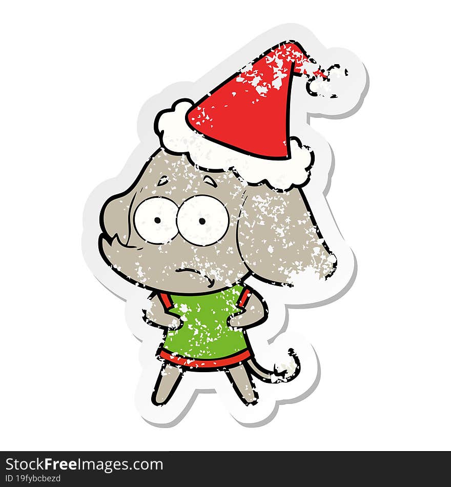 distressed sticker cartoon of a unsure elephant wearing santa hat