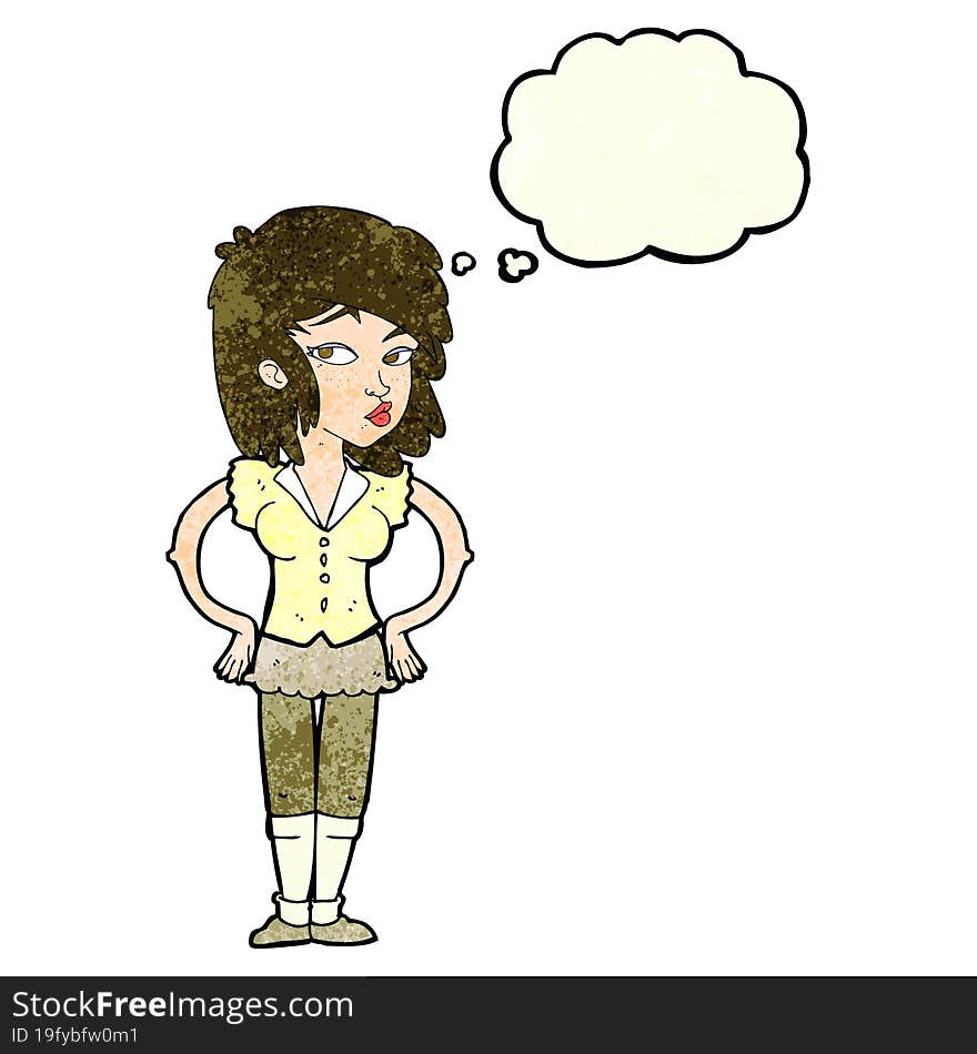 cartoon pretty woman with hands on hips with thought bubble