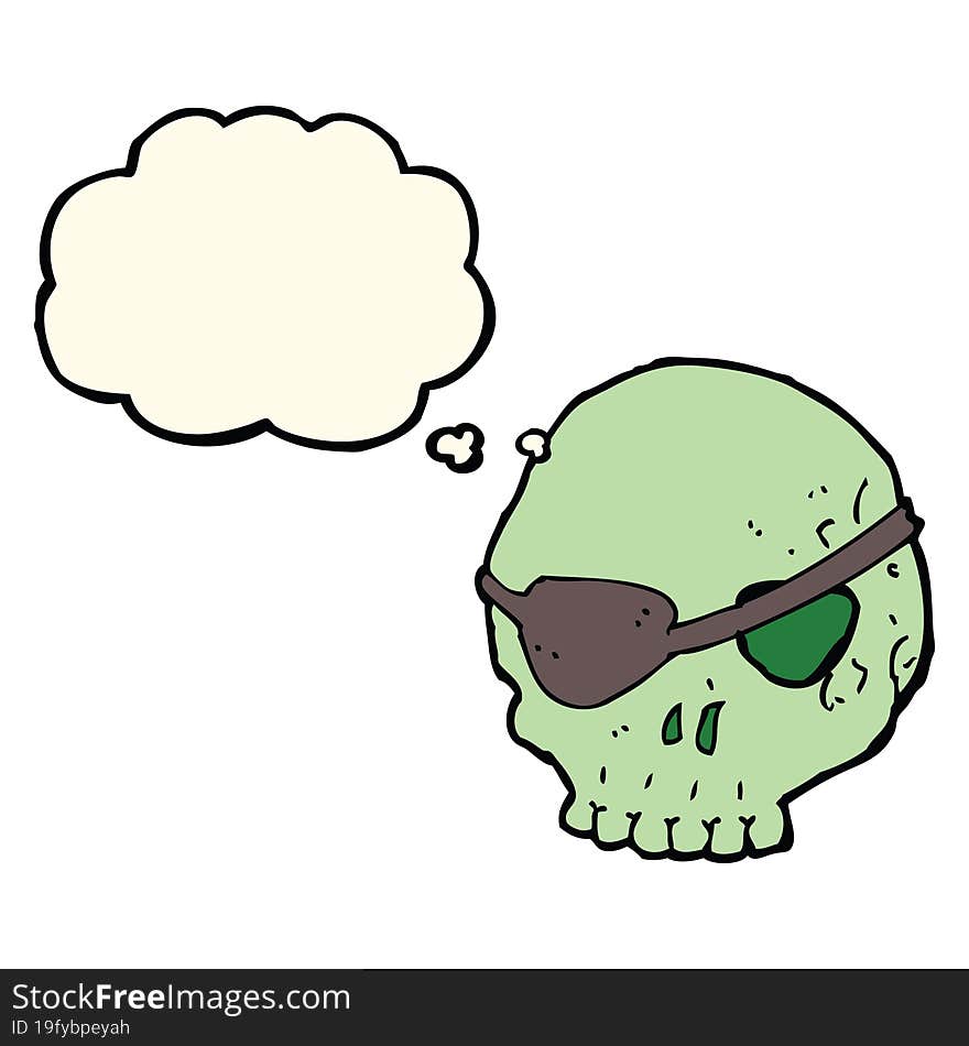 cartoon skull with eye patch with thought bubble