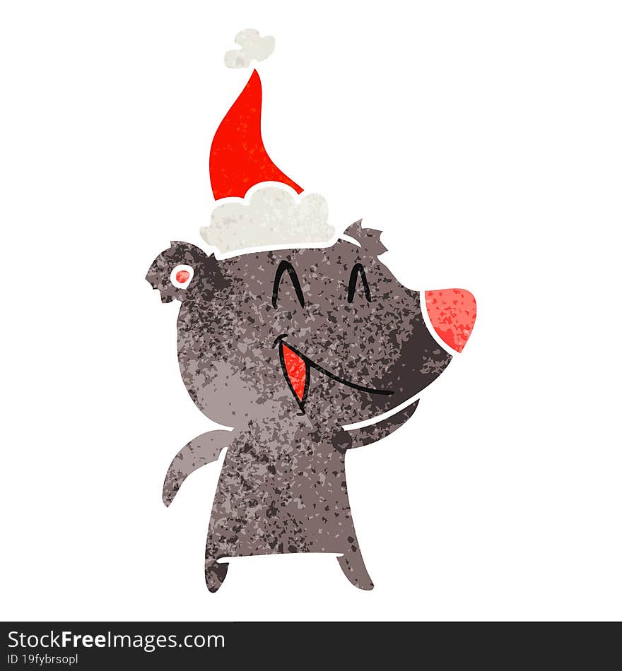 laughing bear retro cartoon of a wearing santa hat