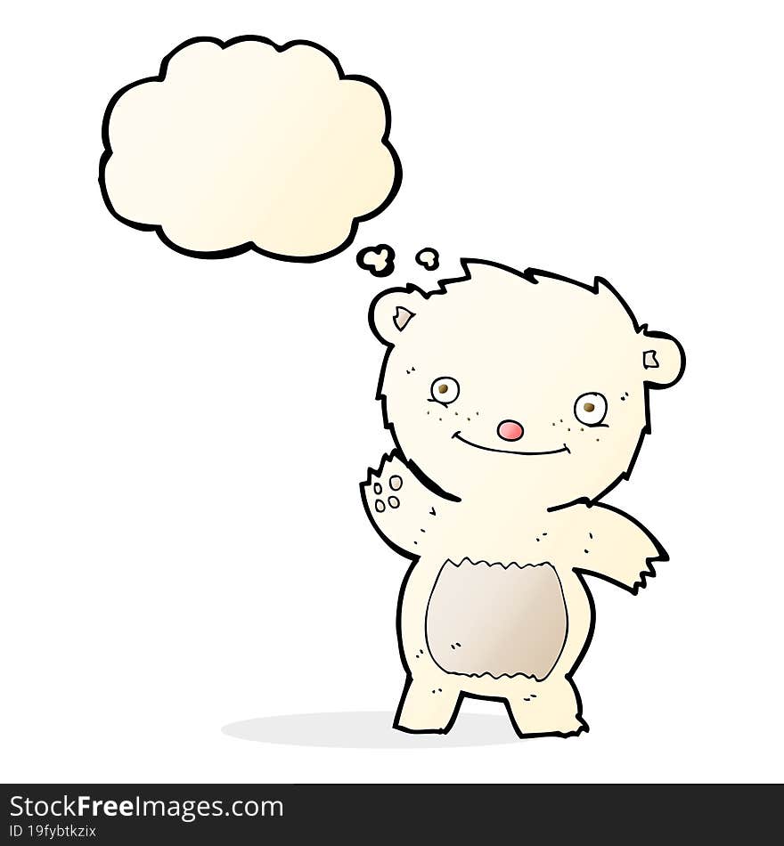 cartoon waving polar bear cub with thought bubble