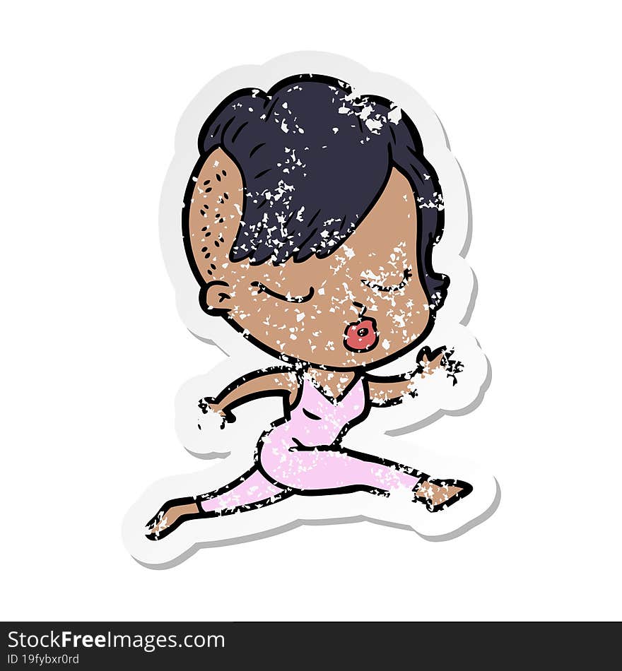 Distressed Sticker Of A Cartoon Pretty Hipster Girl