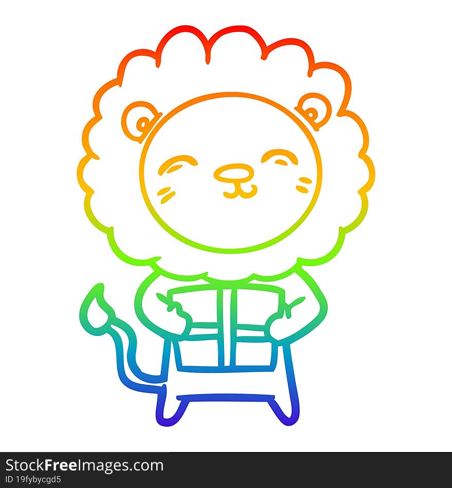 Rainbow Gradient Line Drawing Cartoon Lion With Christmas Present