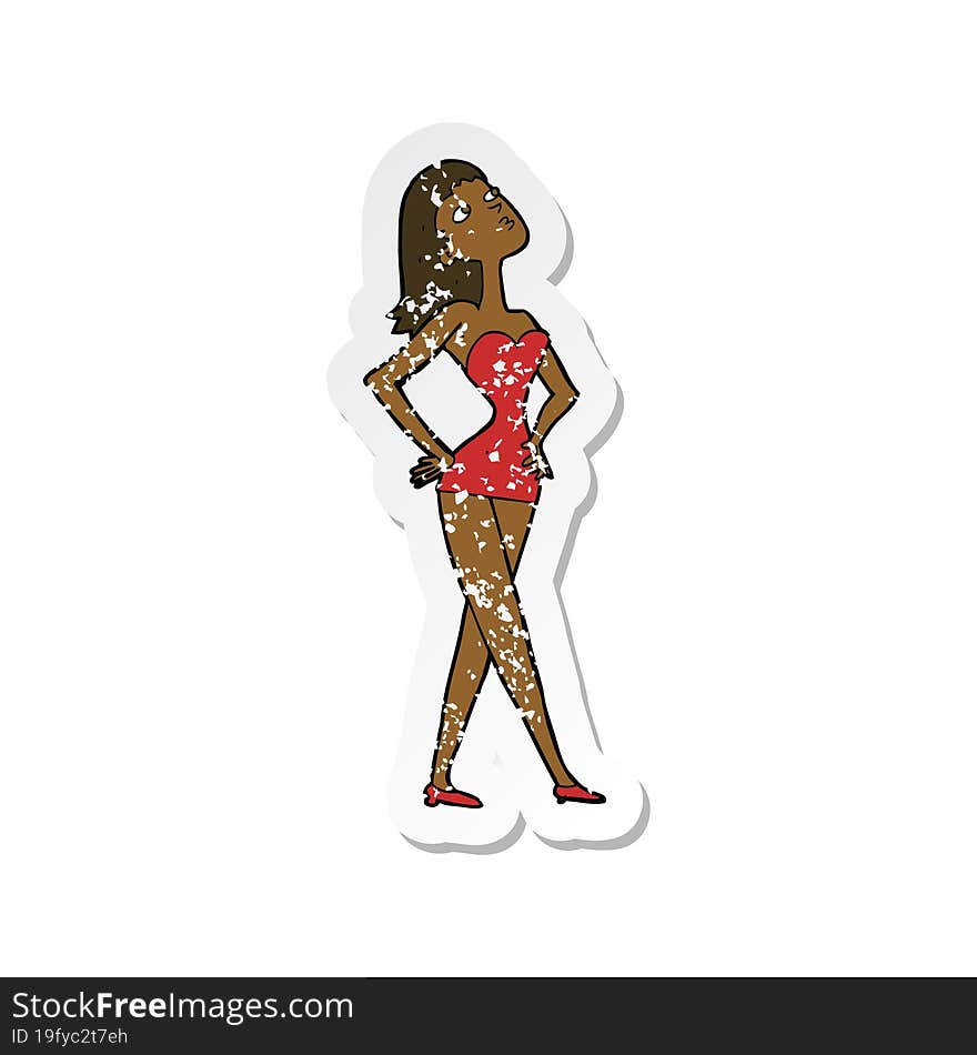 Retro Distressed Sticker Of A Cartoon Woman In Party Dress