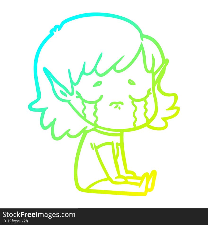 cold gradient line drawing cartoon crying elf girl