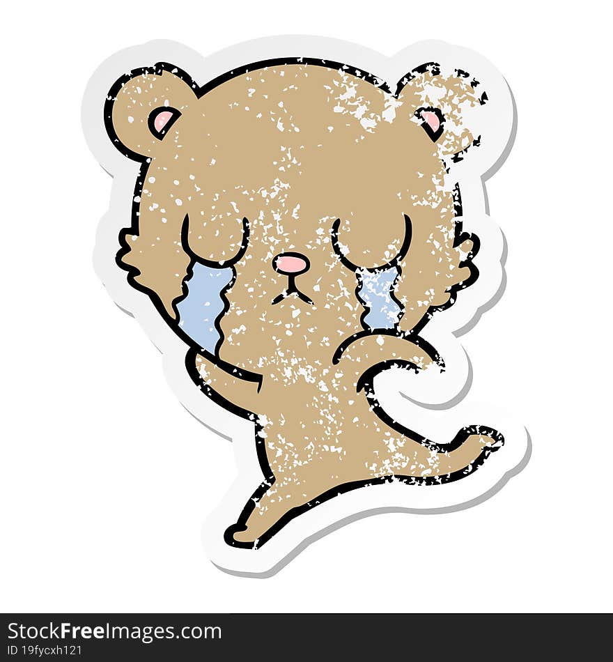 distressed sticker of a crying cartoon bear running away