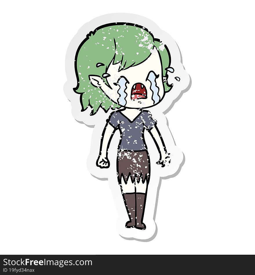 distressed sticker of a cartoon crying vampire girl