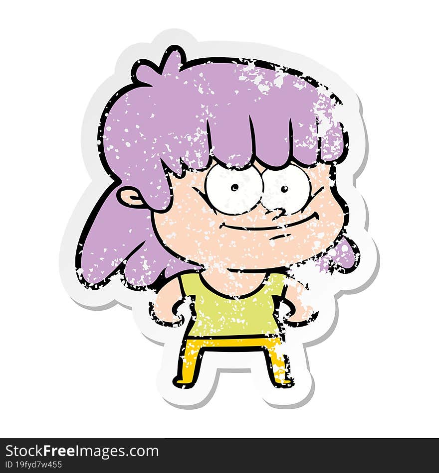 distressed sticker of a cartoon smiling woman