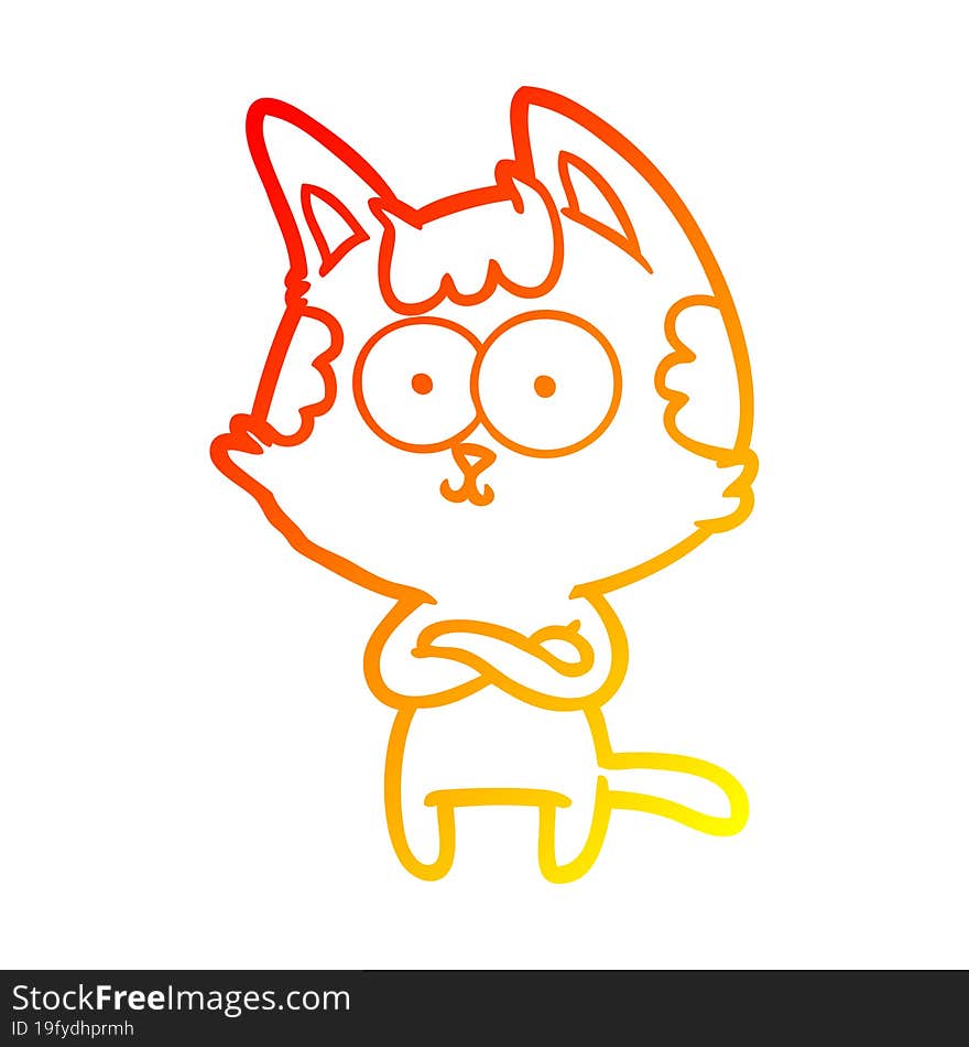 warm gradient line drawing of a happy cartoon cat with crossed arms