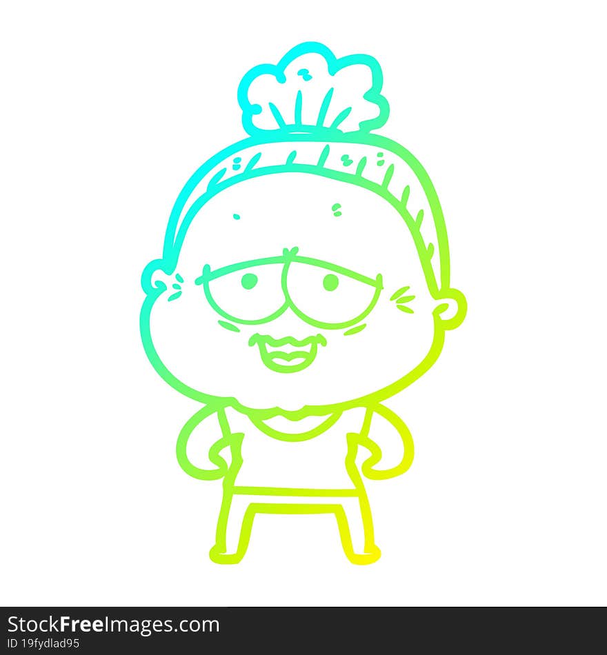 cold gradient line drawing of a cartoon happy old lady