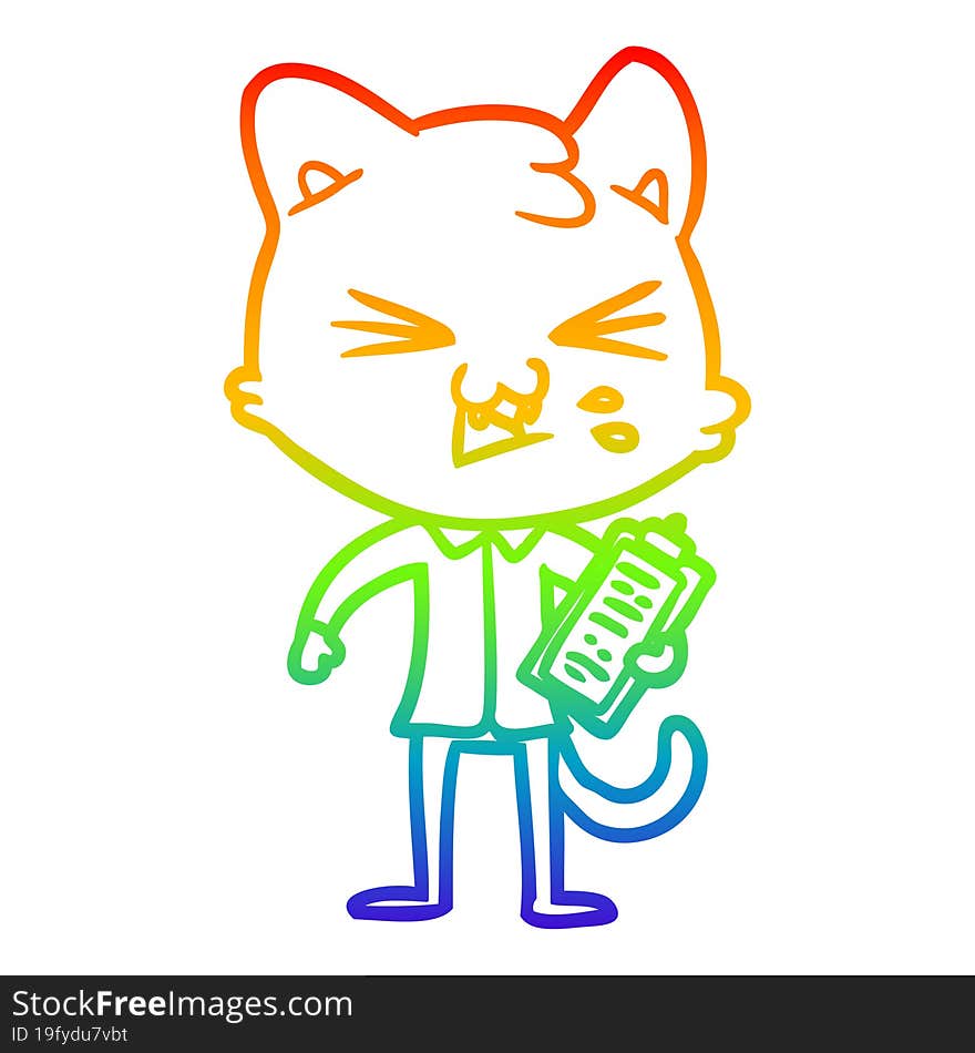 rainbow gradient line drawing of a cartoon cat hissing