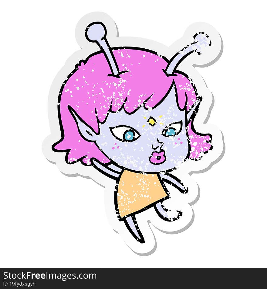 distressed sticker of a pretty cartoon alien girl dancing