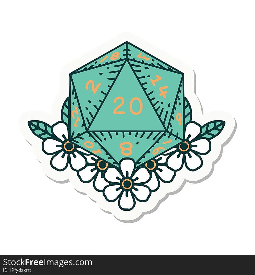 sticker of a natural 20 D20 dice roll with floral elements. sticker of a natural 20 D20 dice roll with floral elements