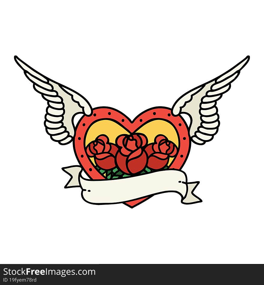 traditional tattoo of a flying heart with flowers and banner