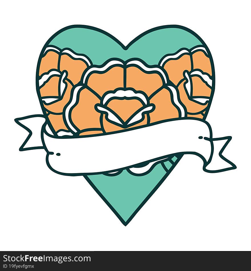 Tattoo Style Icon Of A Heart And Banner With Flowers