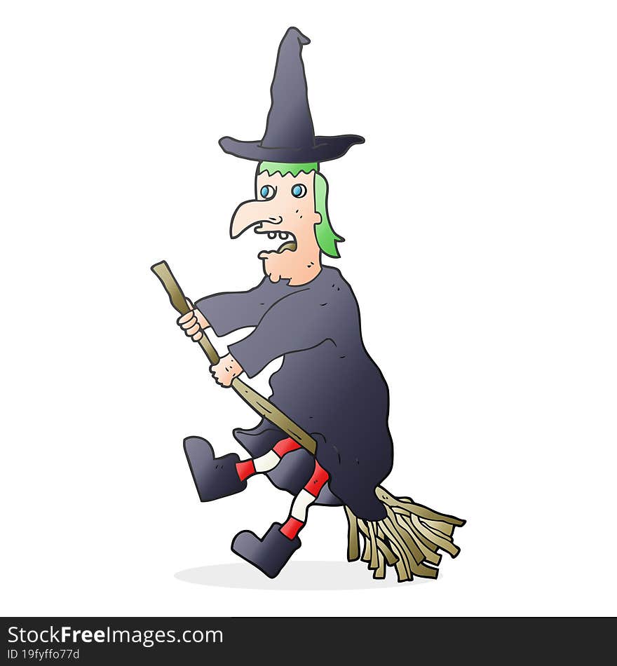 Cartoon Witch Flying On Broom