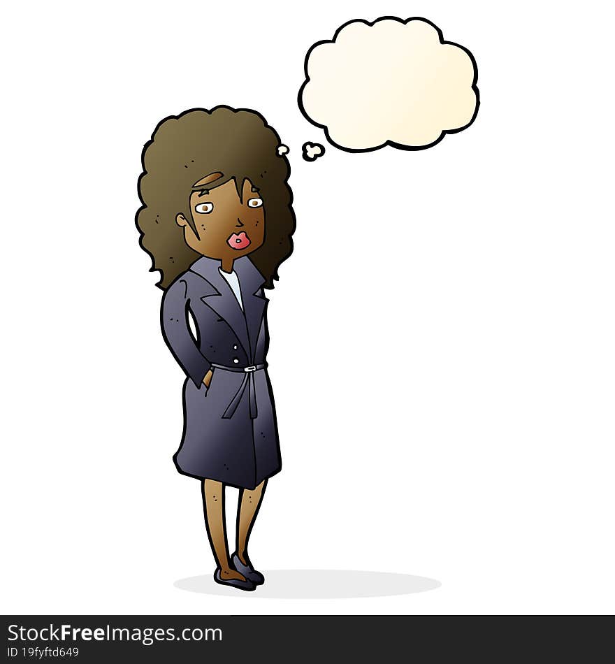 cartoon woman in trench coat with thought bubble