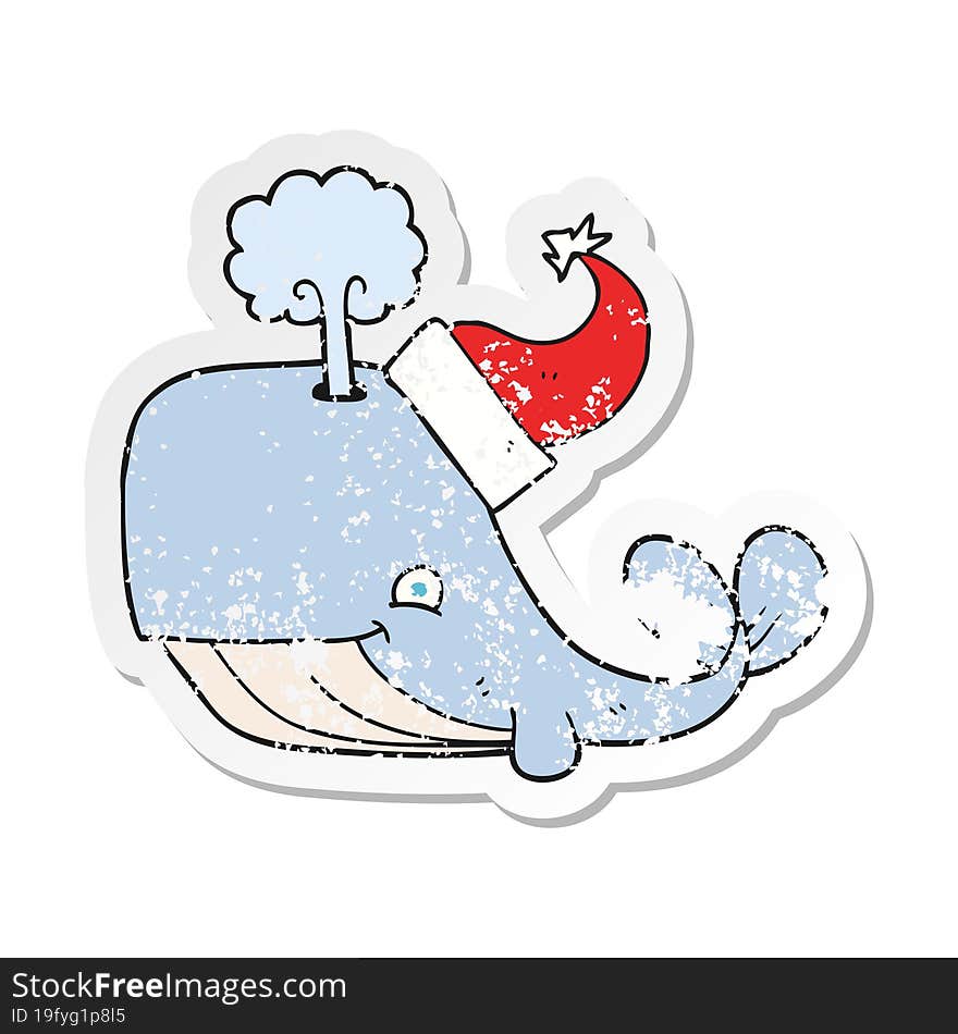 Retro Distressed Sticker Of A Cartoon Whale Wearing Christmas Hat