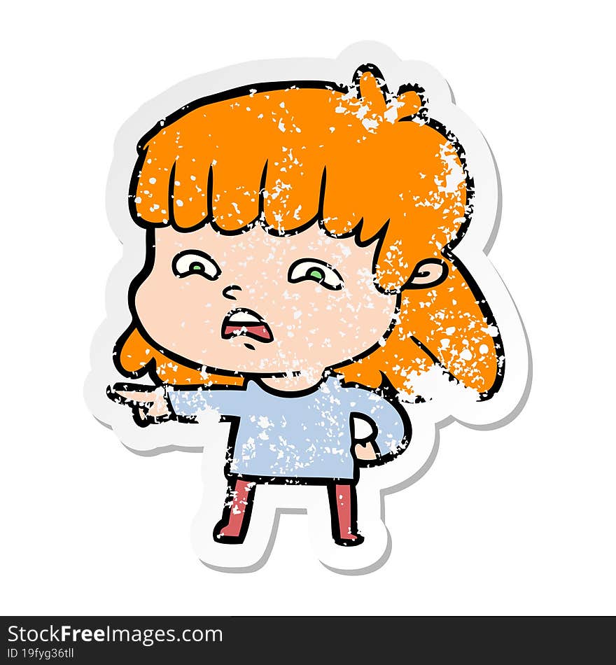 distressed sticker of a cartoon worried woman