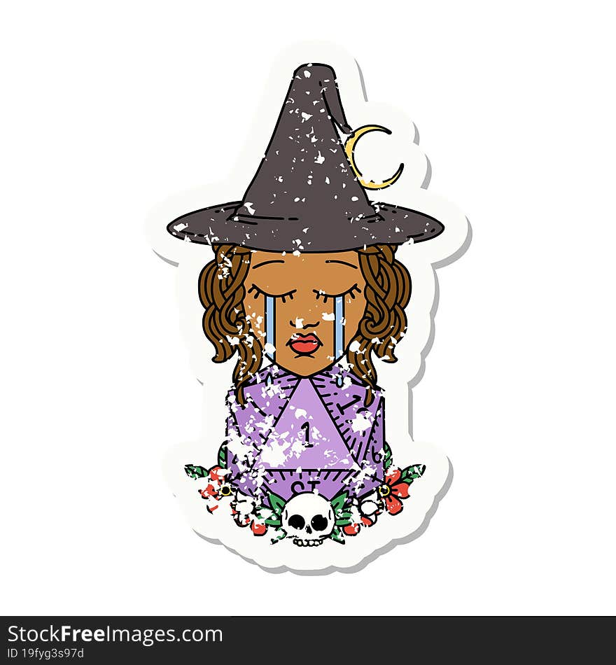 crying human witch with natural one D20 dice roll illustration