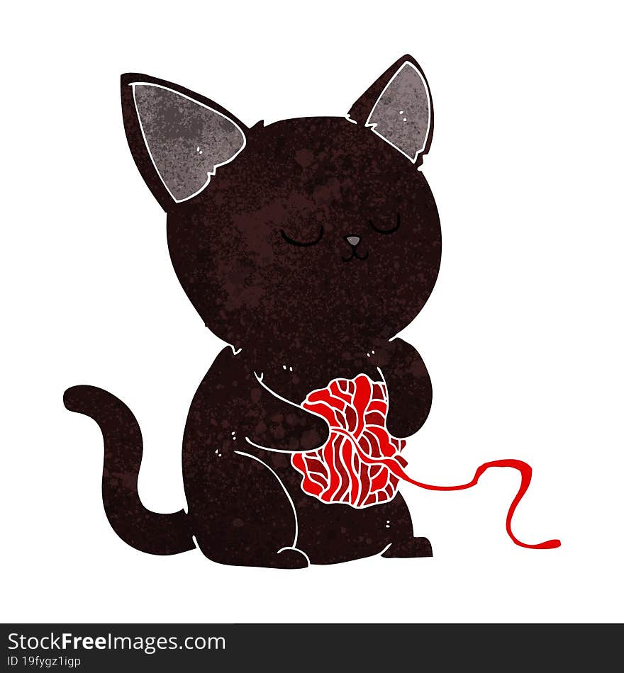 Cartoon Cute Black Cat Playing With Ball Of Yarn