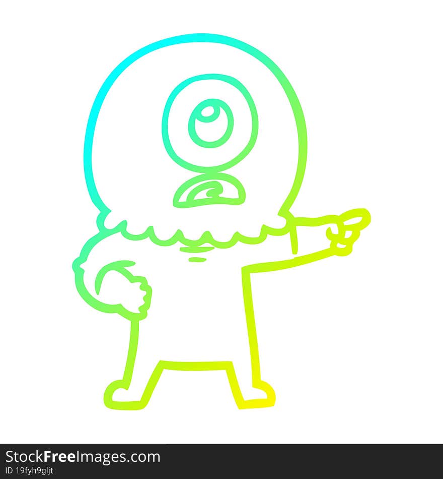 cold gradient line drawing of a cartoon cyclops alien spaceman pointing