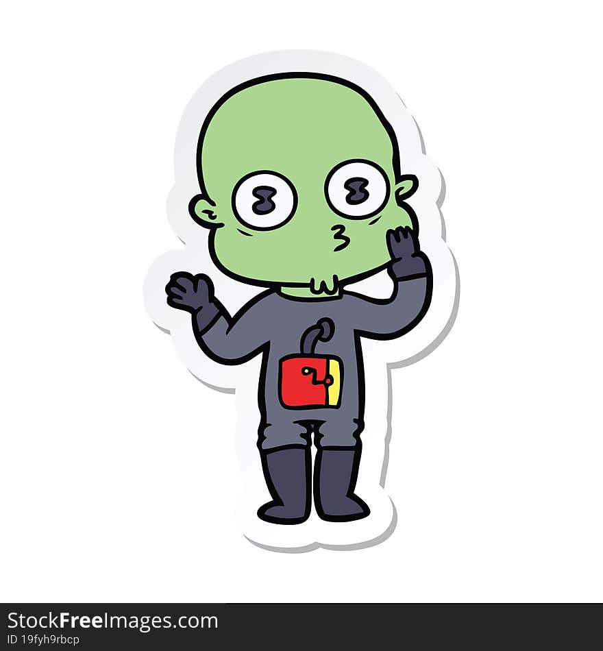 sticker of a cartoon weird bald spaceman