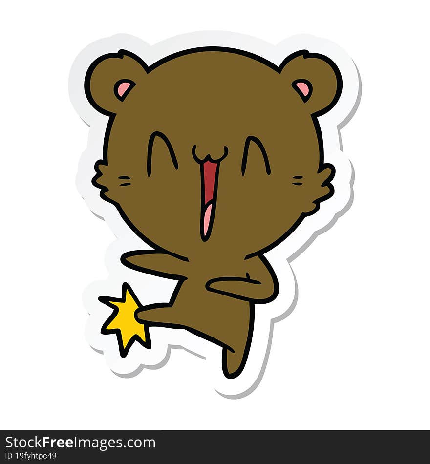 sticker of a happy bear kicking cartoon