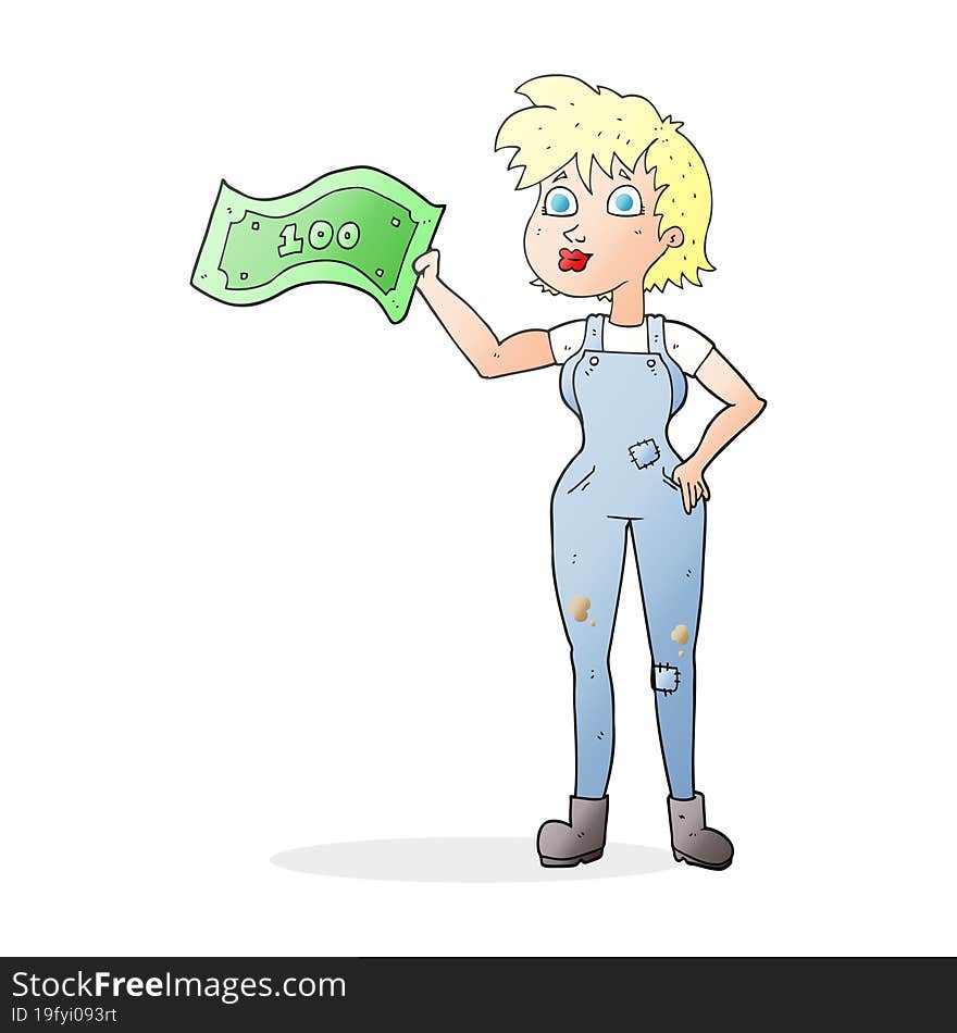 cartoon confident farmer woman with money