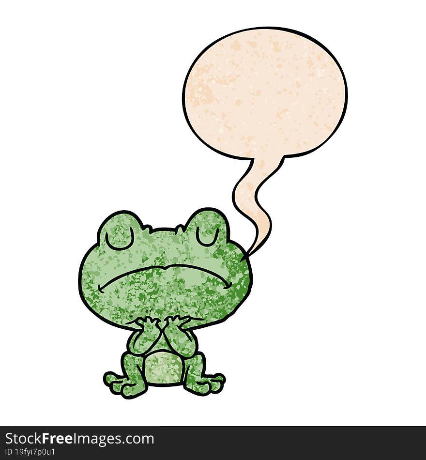 cartoon frog waiting patiently with speech bubble in retro texture style