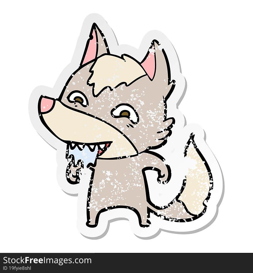 distressed sticker of a cartoon hungry wolf