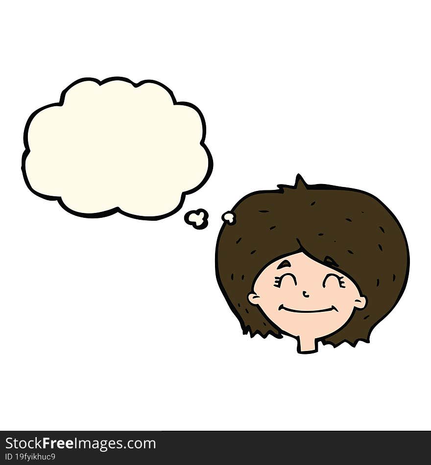 cartoon happy female face with thought bubble