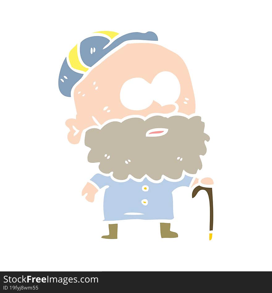 Old Flat Color Style Cartoon Man With Walking Stick And Flat Cap