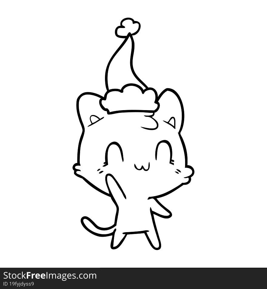 Line Drawing Of A Happy Cat Wearing Santa Hat