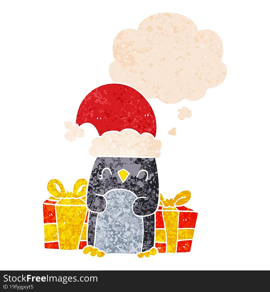 cute christmas penguin and thought bubble in retro textured style