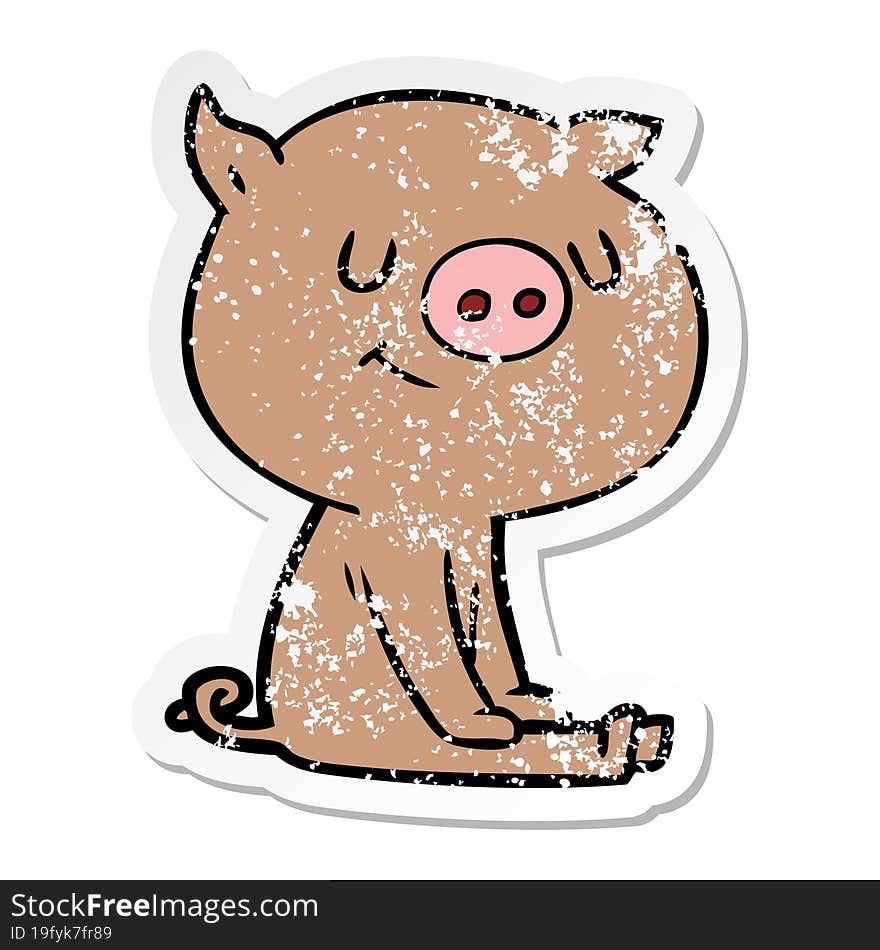 distressed sticker of a happy cartoon pig sitting