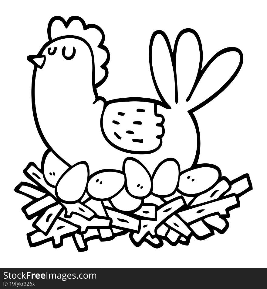 black and white cartoon chicken on nest of eggs