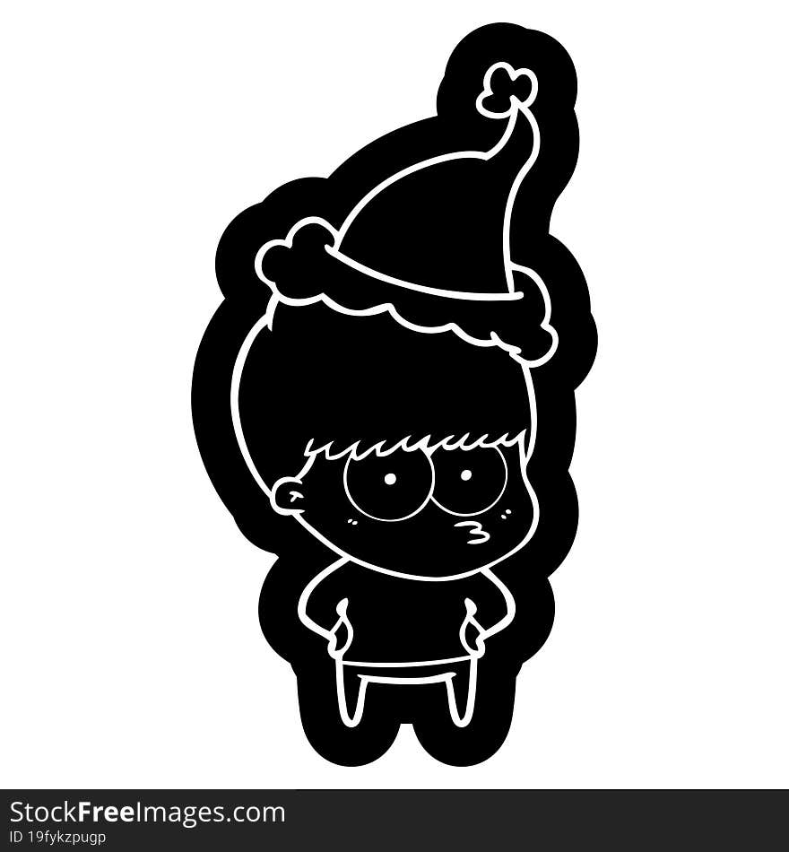 nervous cartoon icon of a boy wearing santa hat