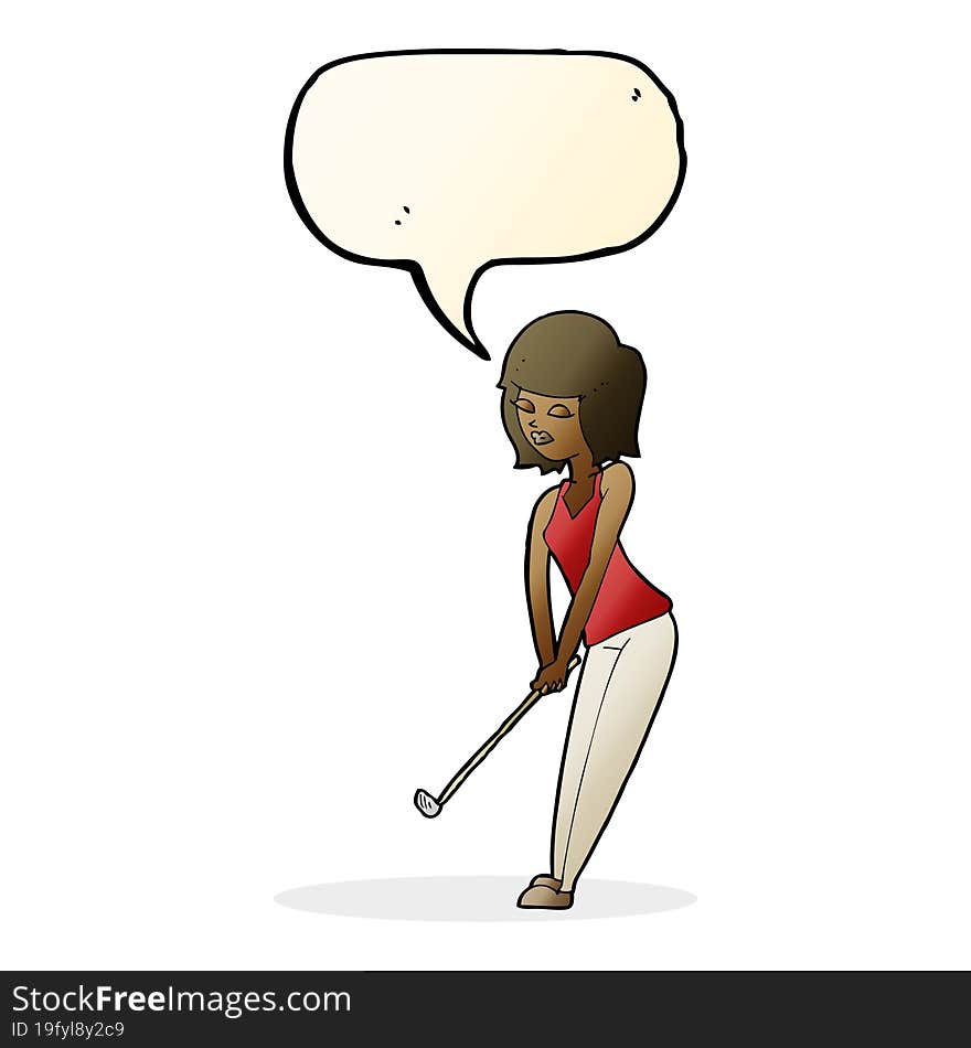 cartoon woman playing golf with speech bubble