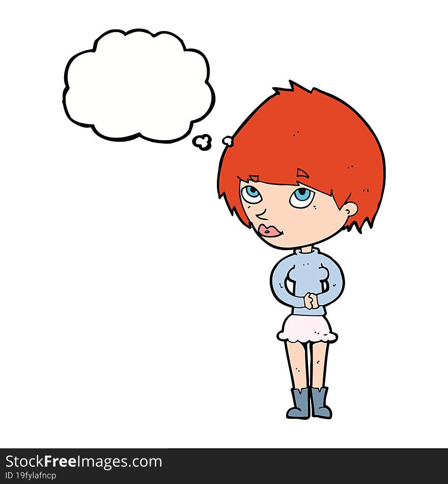 cartoon nervous woman with thought bubble