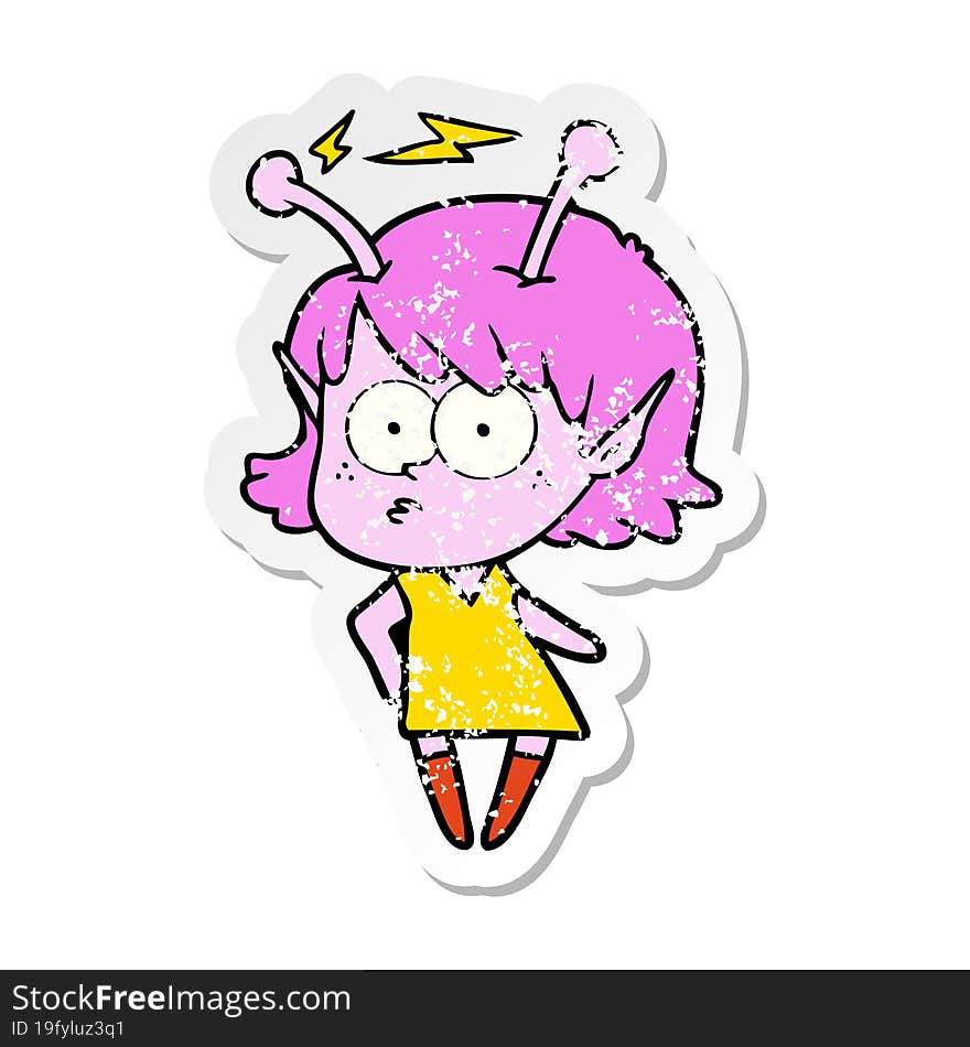 distressed sticker of a cartoon alien girl