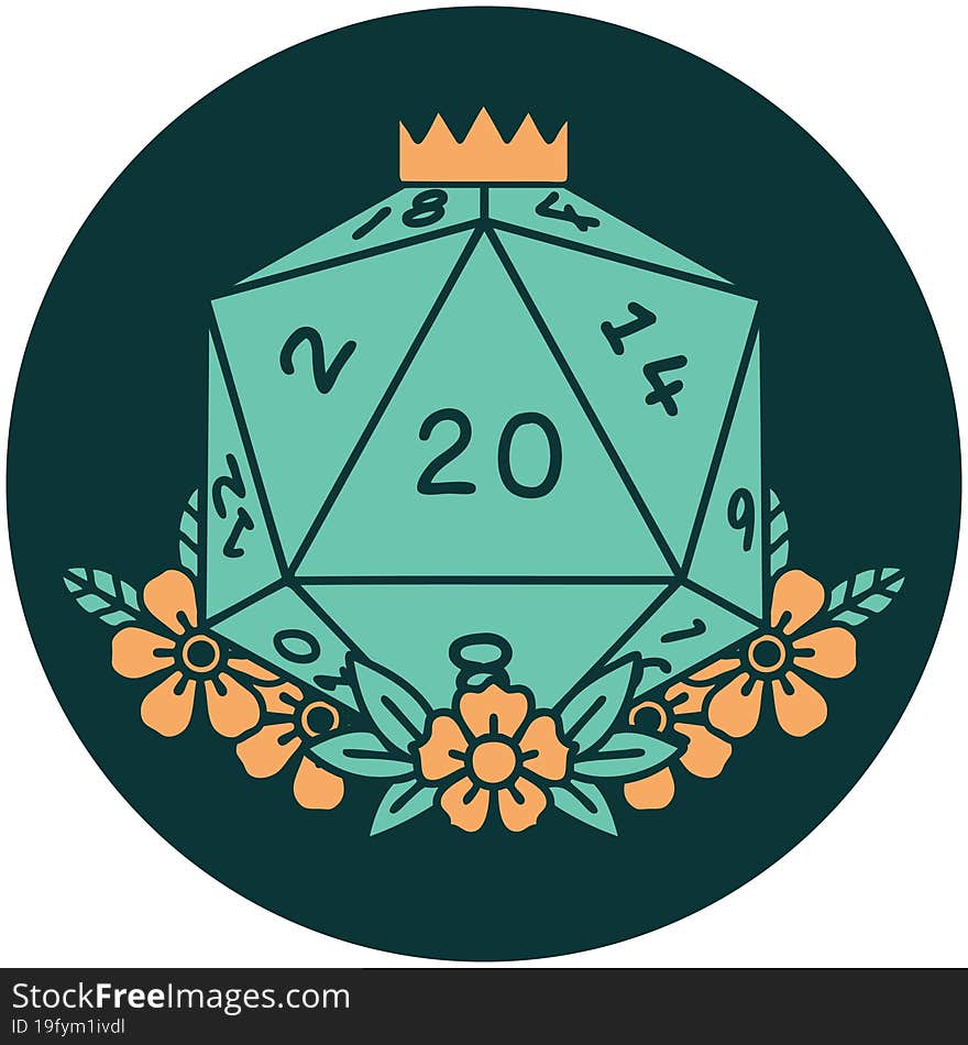 natural 20 D20 dice roll with floral elements icon