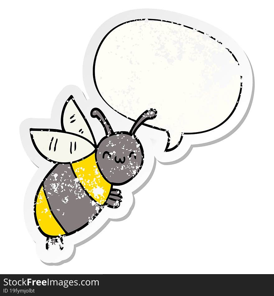 cute cartoon bee and speech bubble distressed sticker