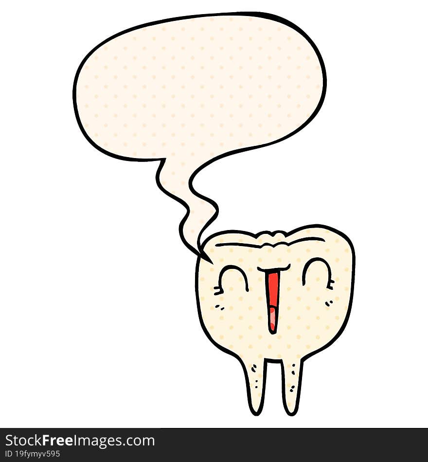 cartoon happy tooth and speech bubble in comic book style