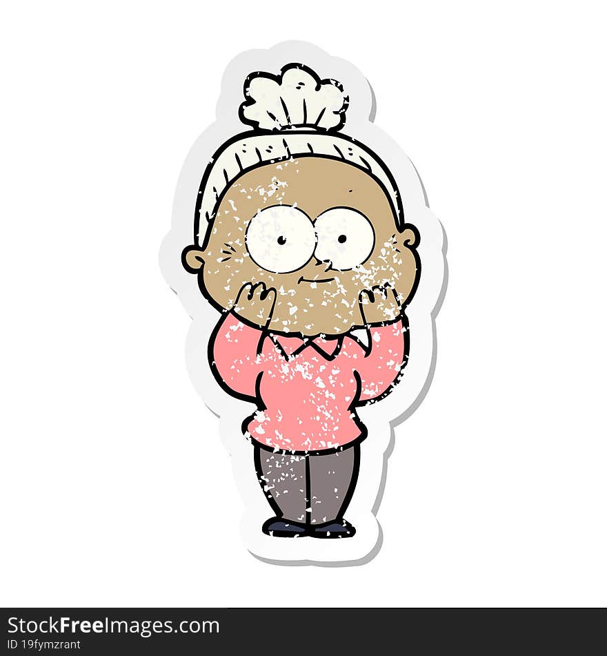 distressed sticker of a cartoon happy old woman