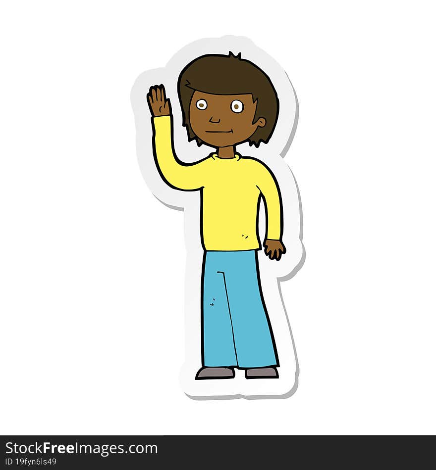 sticker of a cartoon friendly boy waving