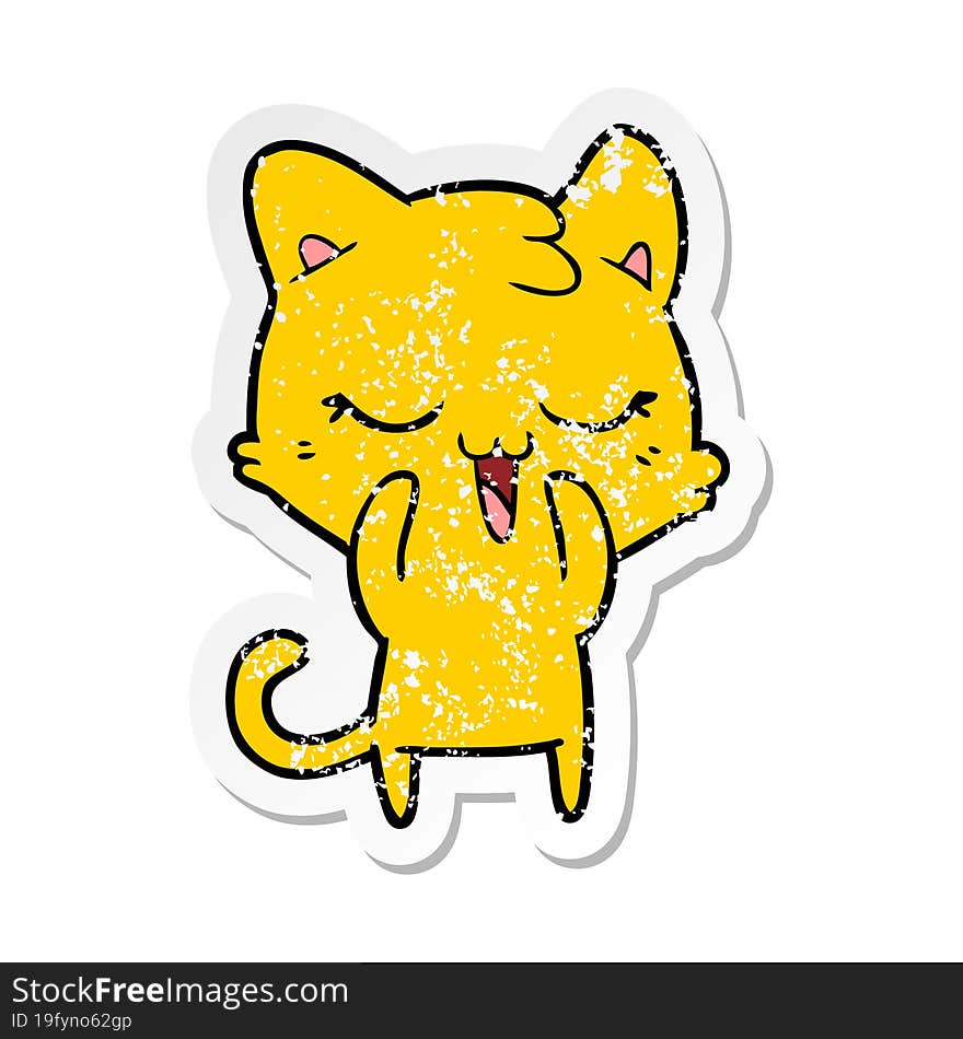 distressed sticker of a happy cartoon cat