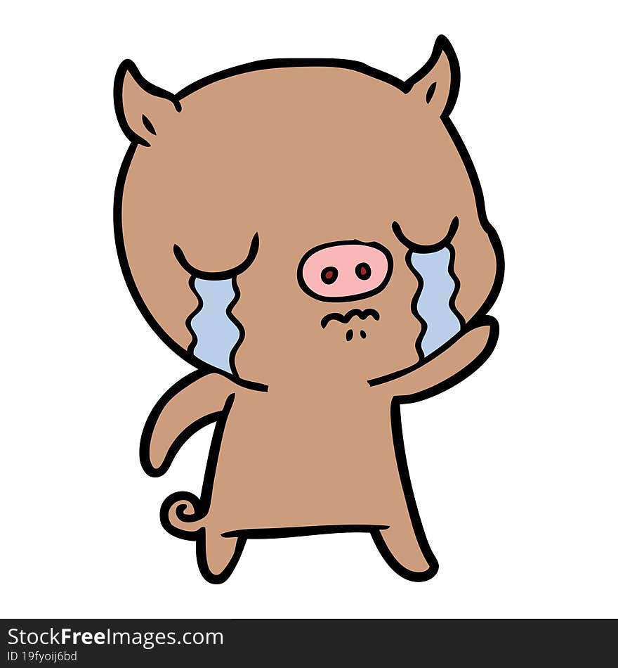 cartoon pig crying waving goodbye. cartoon pig crying waving goodbye