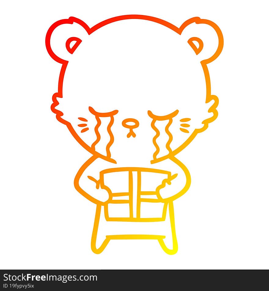 warm gradient line drawing of a crying cartoon bear with present